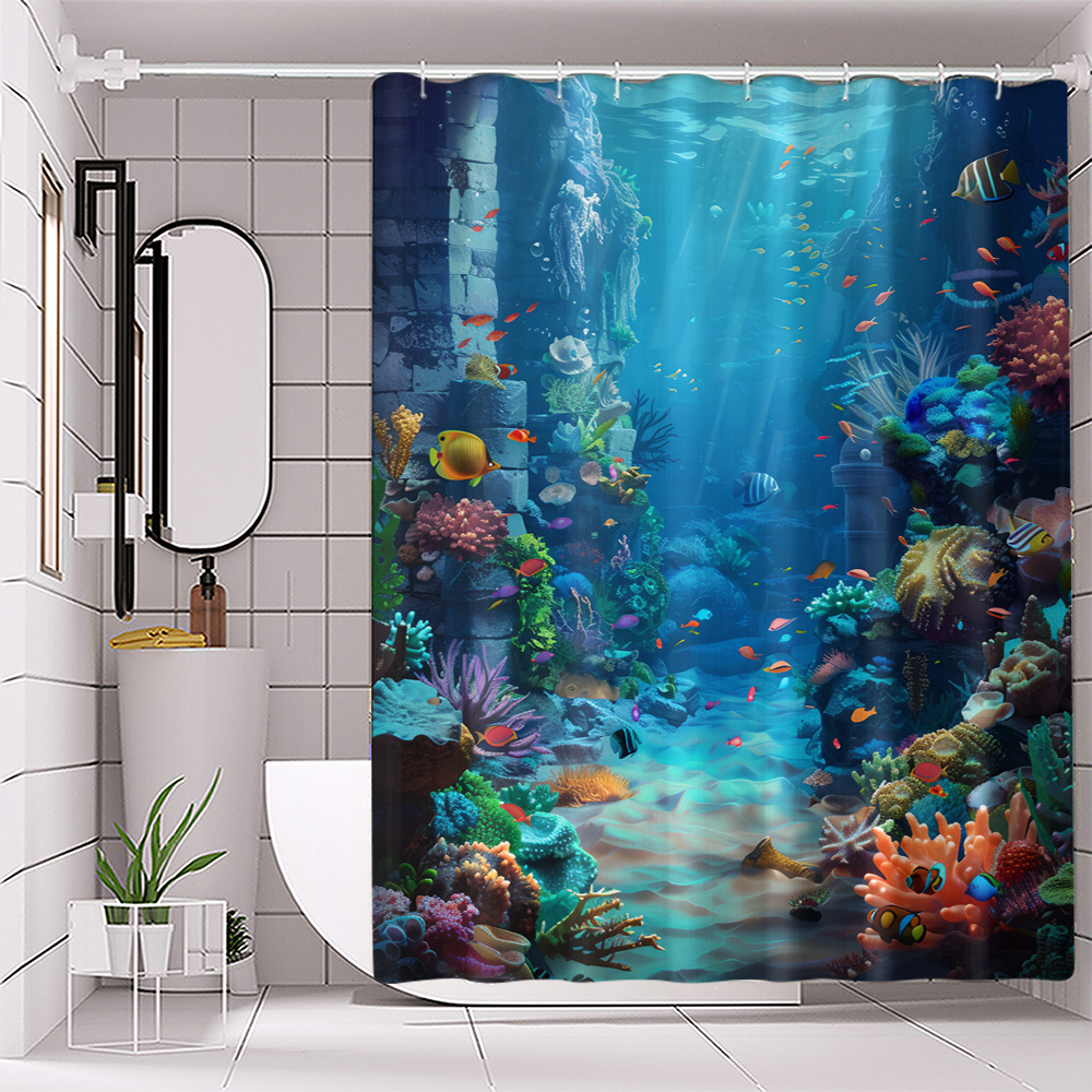 

1pc Vibrant Underwater Coral Polyester Shower Curtain - Waterproof, Machine Washable With No-drill Hooks Included, Sea For All , Beach Shower Curtain