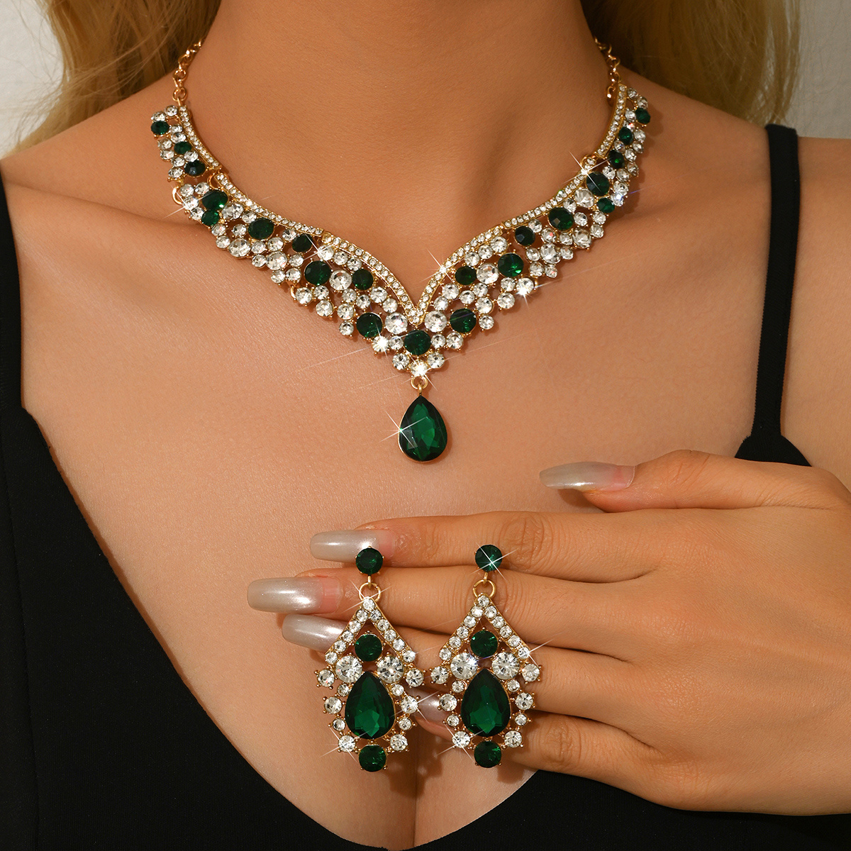 TEMU European And Luxury Short V-neck Necklace And Earrings Set, Banquet Party Teardrop Pendant 2pcs Jewelry Set