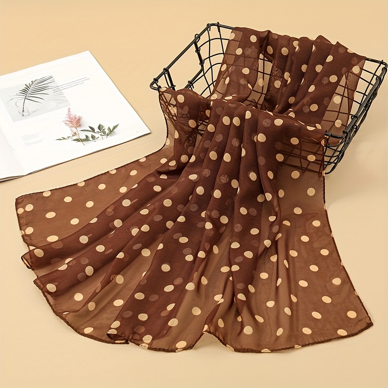 TEMU 1pc Women Brown Color Elegant Minimalist Classic Polka Dot Print Chiffon Scarf, Lightweight Breathable Neck Scarf/shawl For