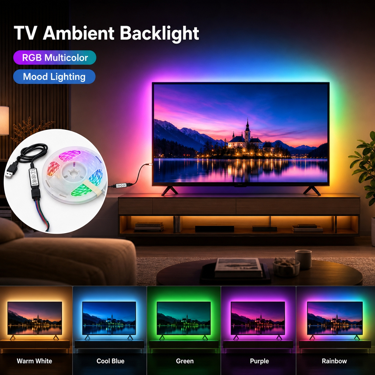 Dynamic Color Sync RGB LED Strip with USB Multi-Control