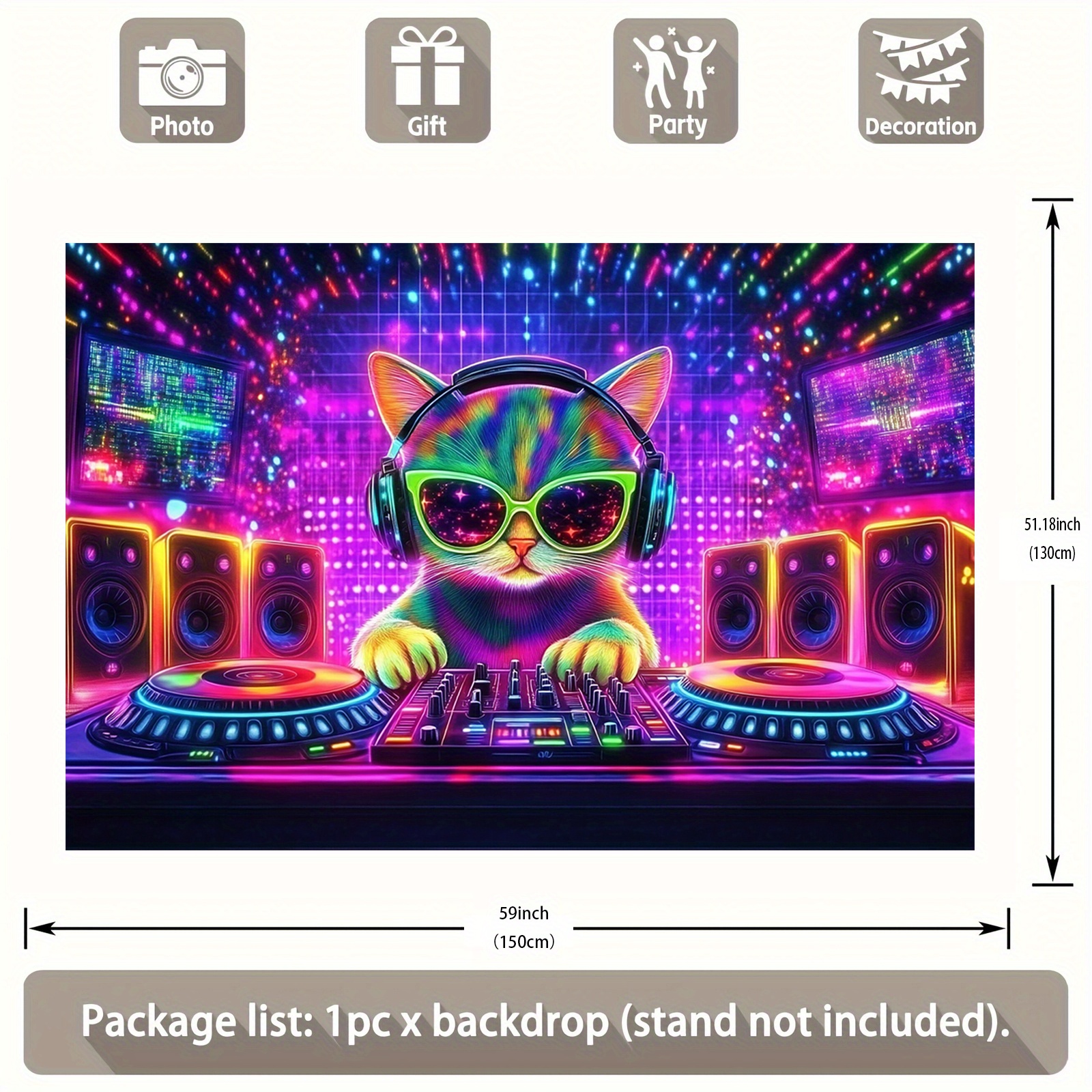 TEMU 1pc Colorful Cat Dj Banner Backdrop - Vibrant Polyester Fabric Party Decor For Home, Studio, Garden & Outdoor Celebrations - No Electricity