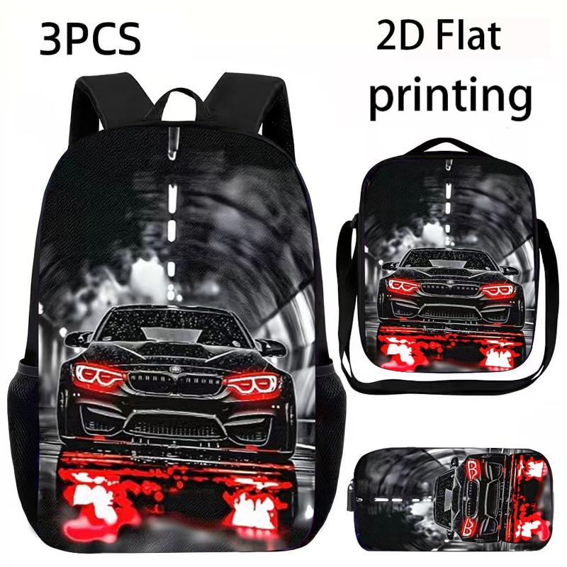 TEMU Ensemble 3 pièces unisexe de sacs à dos grande avec impression 2D plate, motif course cool, bretelles réglables, fermeture éclair, comprenant un