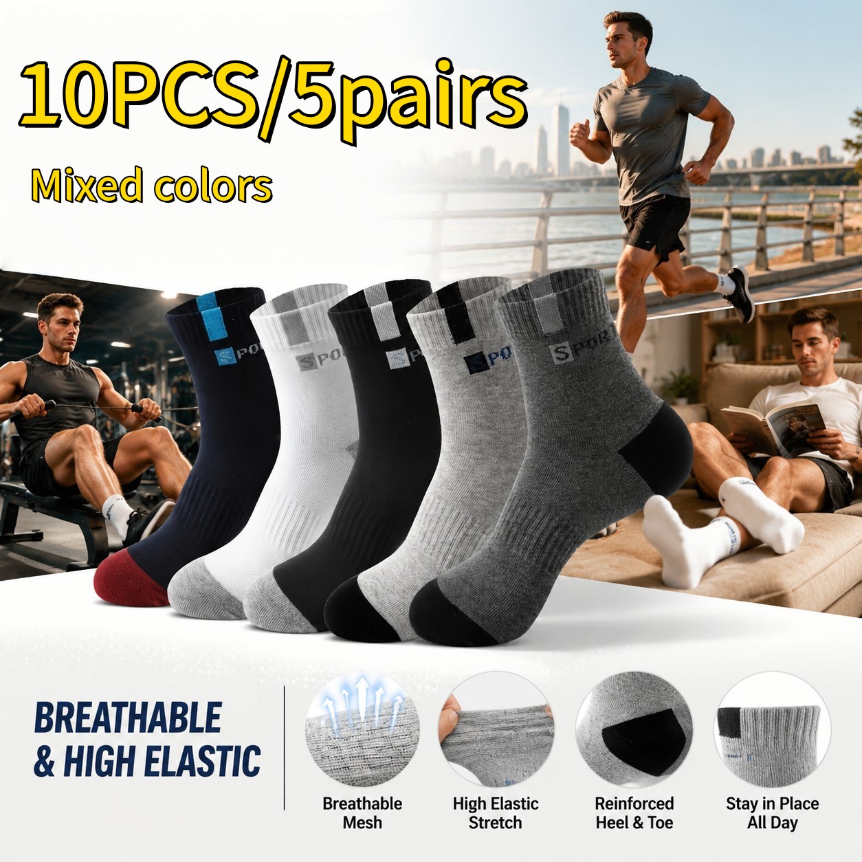 TEMU 10pcs/5 Pairs Unisex Outdoor Sports Short Socks, Breathable And Sweat-absorbing, Elastic Ribbed Top, Arch Support, Suitable For Basketball,