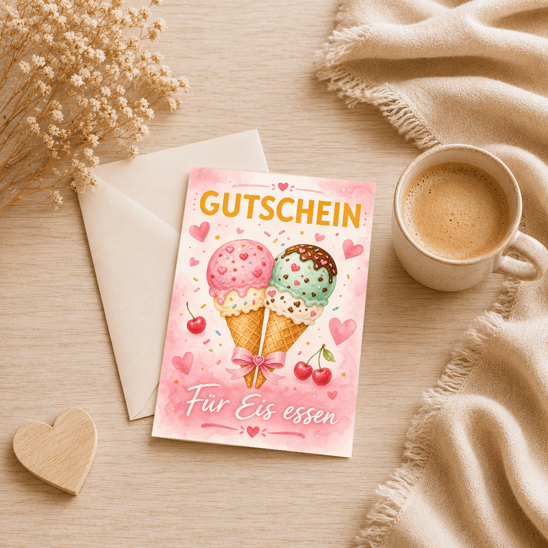 TEMU Süße Eiscreme Gutschein-Karte - Aquarell-Stil für , Schwestern oder geliebte Menschen. für Geburtstage, Belohnungen oder einfach so. 1 Stück und