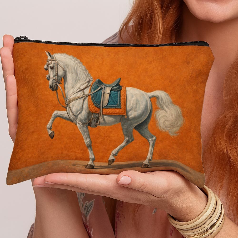 TEMU 1pc Portrait Design Pouch - White Horse Travel-friendly Women', Zippered Toiletry Case, Compact And Lightweight Makeup Organizer For Holidays,
