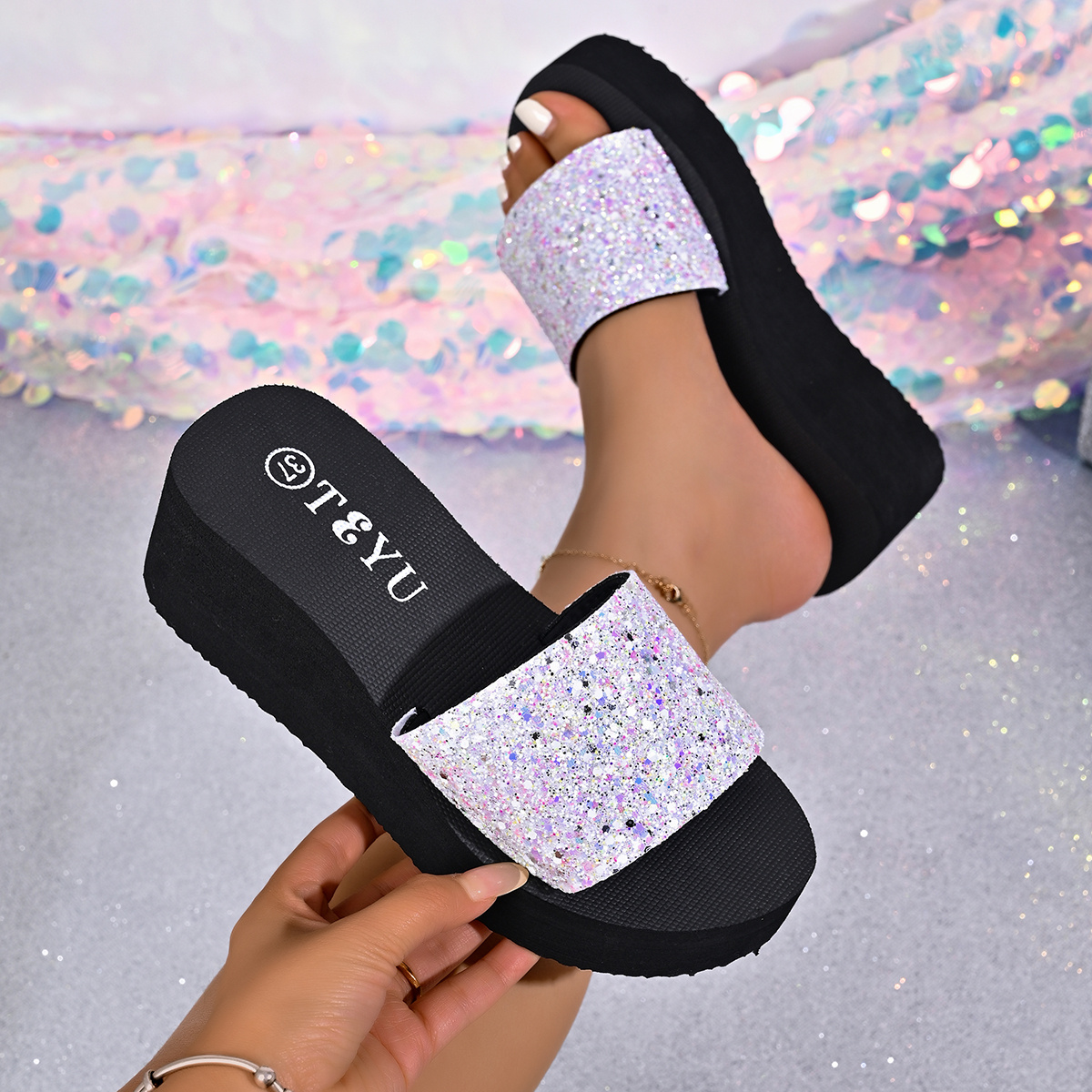 TEMU Summer Fashion Women's Wedge Sandals With Rhinestone Decoration, Comfortable Thick-soled Sandals, Suitable For Outdoor Leisure, Vacation, And