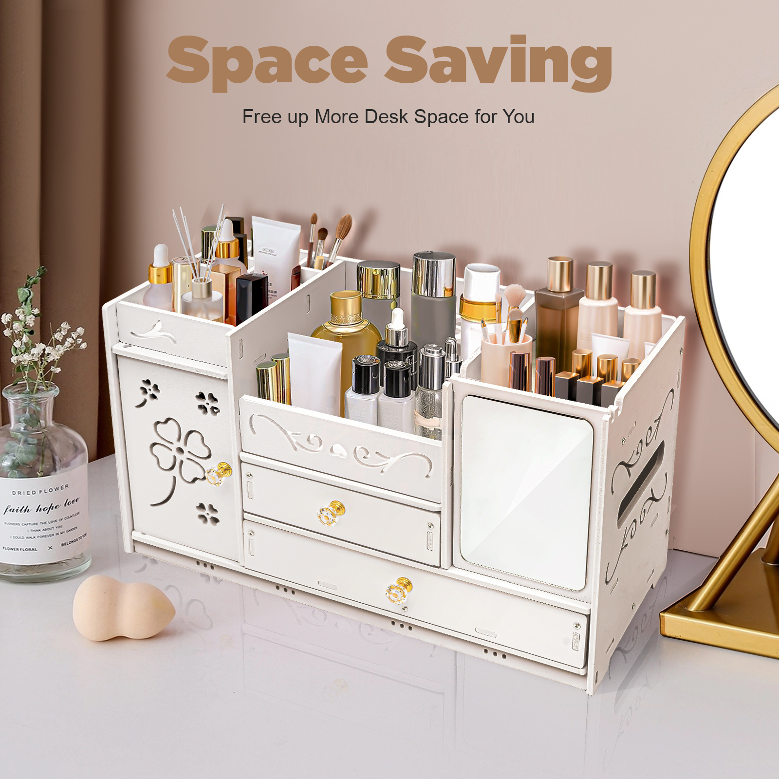 Image of Gdrasuya10 Neu White Cosmetics Case, Product Size: 45*19*27cm/ 17.72*7.48*10.63in, Exquisite Hollow Patterns( Clover, Love Lettering, Love Pattern) Fr, Jewelry Boxes