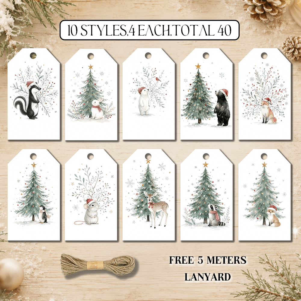 TEMU 40pcs, Pastel Animal Christmas Gift Tag, Watercolor Woodland Animal Label, Winter Handbag Gift Tag, Christmas Tree Decoration Card, 10 Styles Of