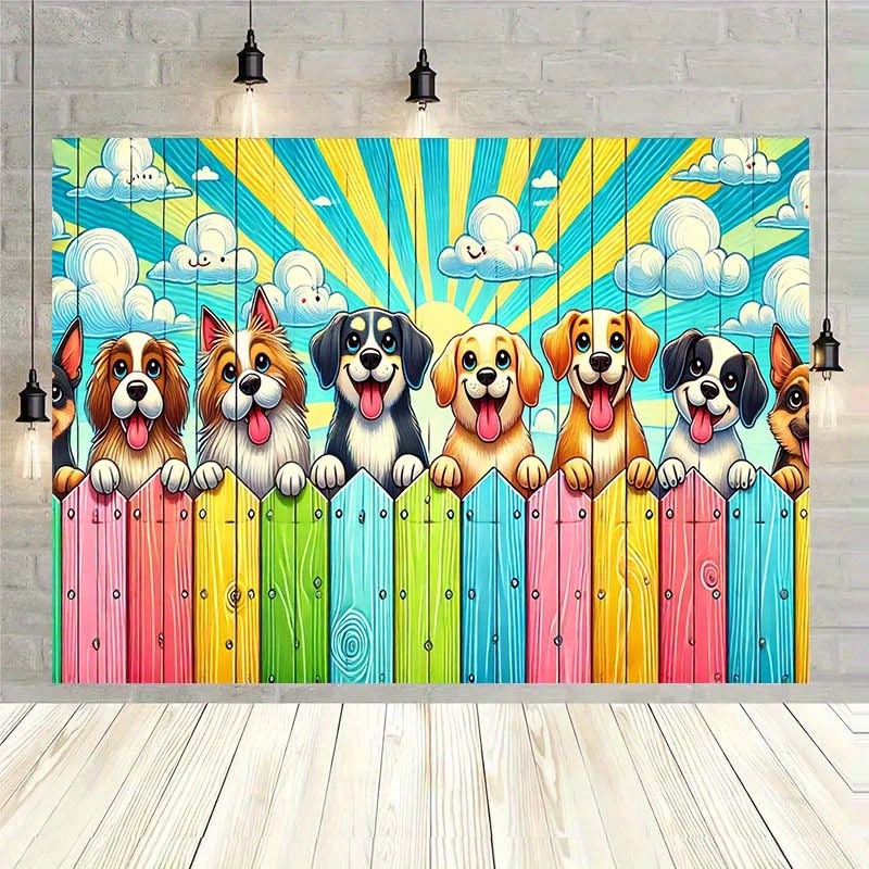 2D Flat, 2D Flat Banner 1pc, 1pc of Vibrant Happy Puppy Fence Banner - Colorful Cartoon Dog on a Wooden Board, Background, for Home Decor, Party Decorations, and Photo Studio Props, Perfect for Weddings, Birthdays, and Celebrations, Dog Decoration