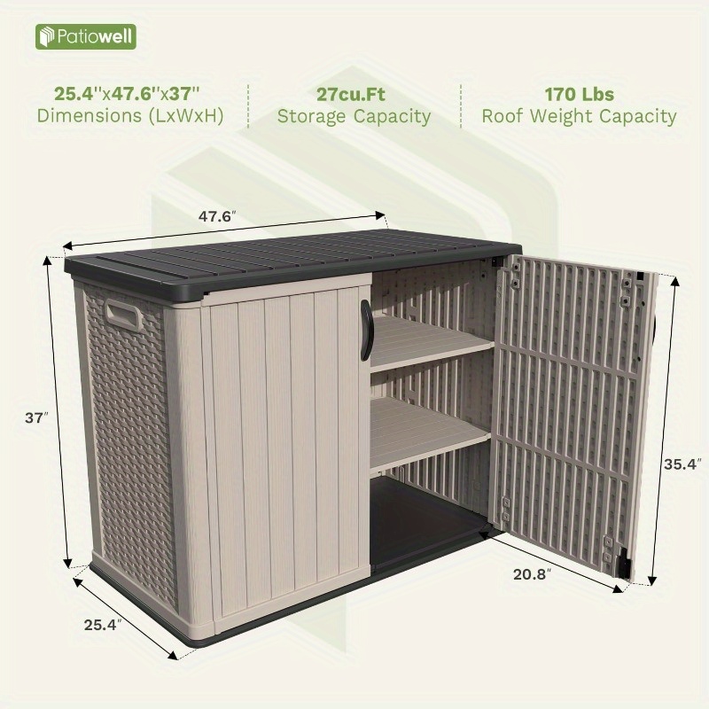 26 Cubic Feet Plastic Outdoor Storage Shed That Is Lockable And Waterproof, Designed for Storing Garden Tools, Garbage Cans, And Pool Supplies, Beige Color, Shelves Not Included