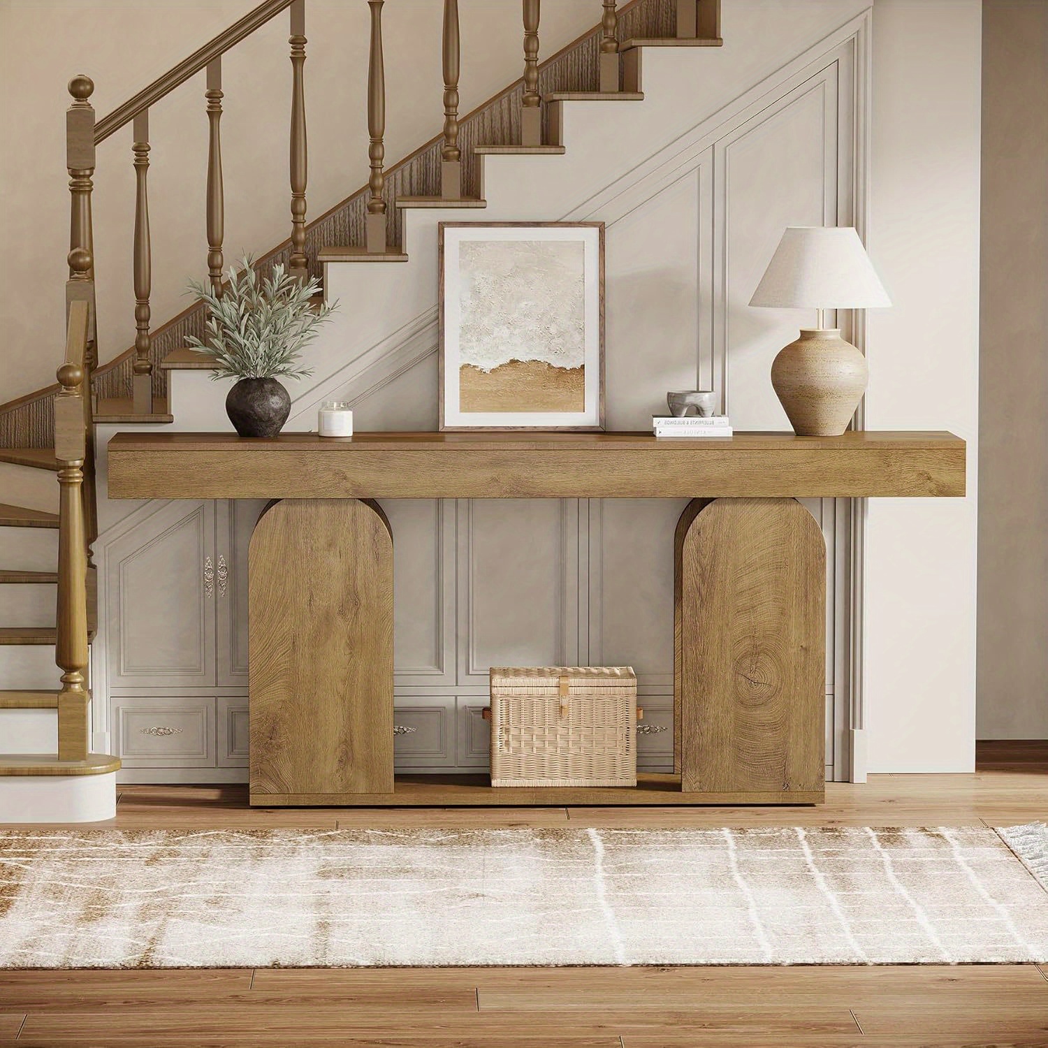 Mesa Console Farmhouse Extra Longa 70,1" - Aparador de Sofá com 2 Prateleiras 10 Detalhe do Acabamento em Madeira e Prateleira de Armazenamento