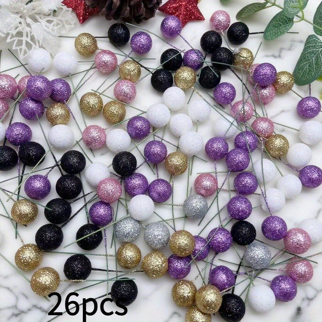 TEMU 26 balles décoratives étincelantes de 2 cm de diamètre, balles décoratives en mousse, balles de décoration de fête, avec tige, adaptées pour les
