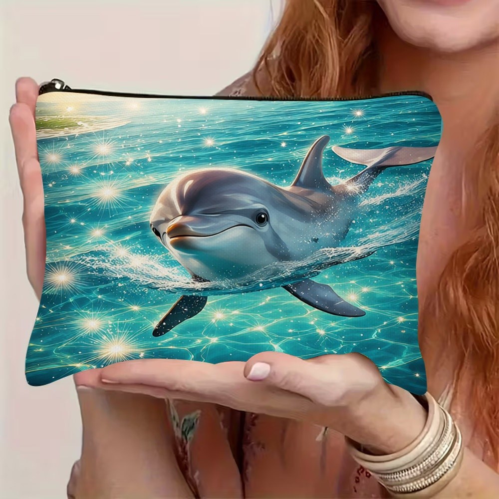 TEMU 1pc Dolphin Printed Washbag, Makeup Bag, Cosmetic Bag With Durable Faderesistant Zipper, Lightweight And Foldable Storage Bag, Essential For
