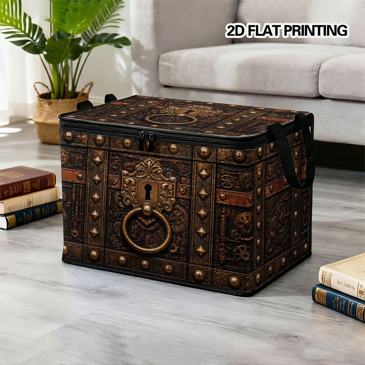 TEMU 1pc Large Foldable Zipper Storage Box, Personalized 2d -brown Carved Rivet 2d Printed Pattern Gift, Element Print, Very Suitable For Travel,