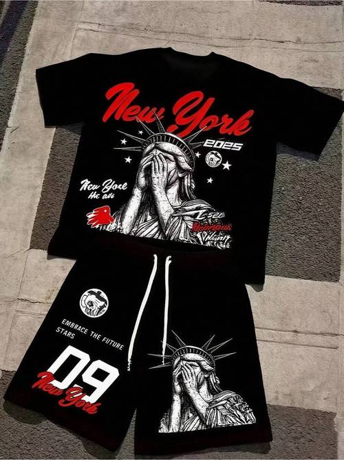 2pcs set suitable for boys and teenagers y2k style short sleeve shorts set fashionable streetwear ideal for daily wear casual sports style for outdoor