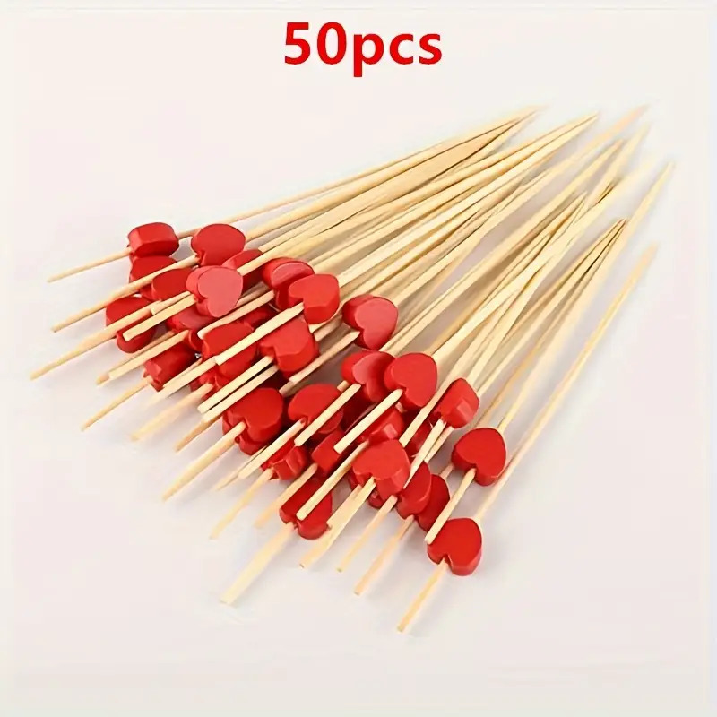Image of 50/pieces Red Heart Cocktail Sticks, Heart-shaped Toothpicks, Wedding Birthday Party Decoration Exquisite Snack Picks, Thanksgiving New Year Party Supplies