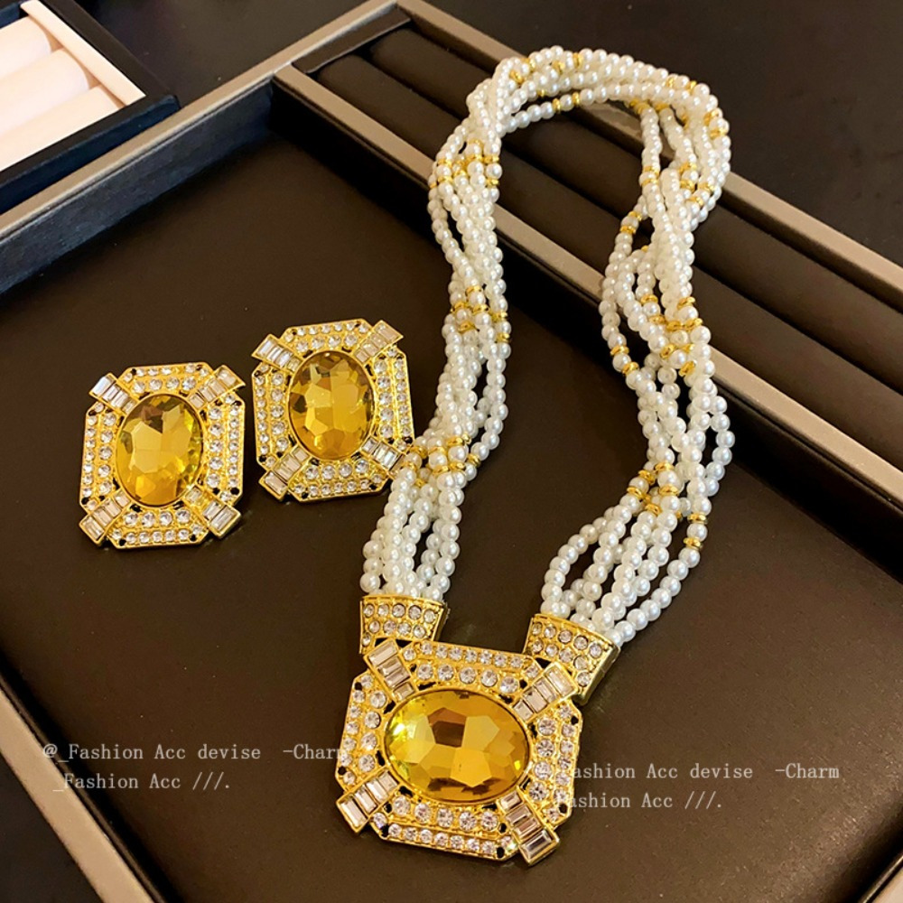 

Elegant Square & Pearl Necklace And Earrings Set - Luxurious, High-end Fashion Jewelry With Alloy, Or Gifting, In A Chic Style, Vintage Jewelry