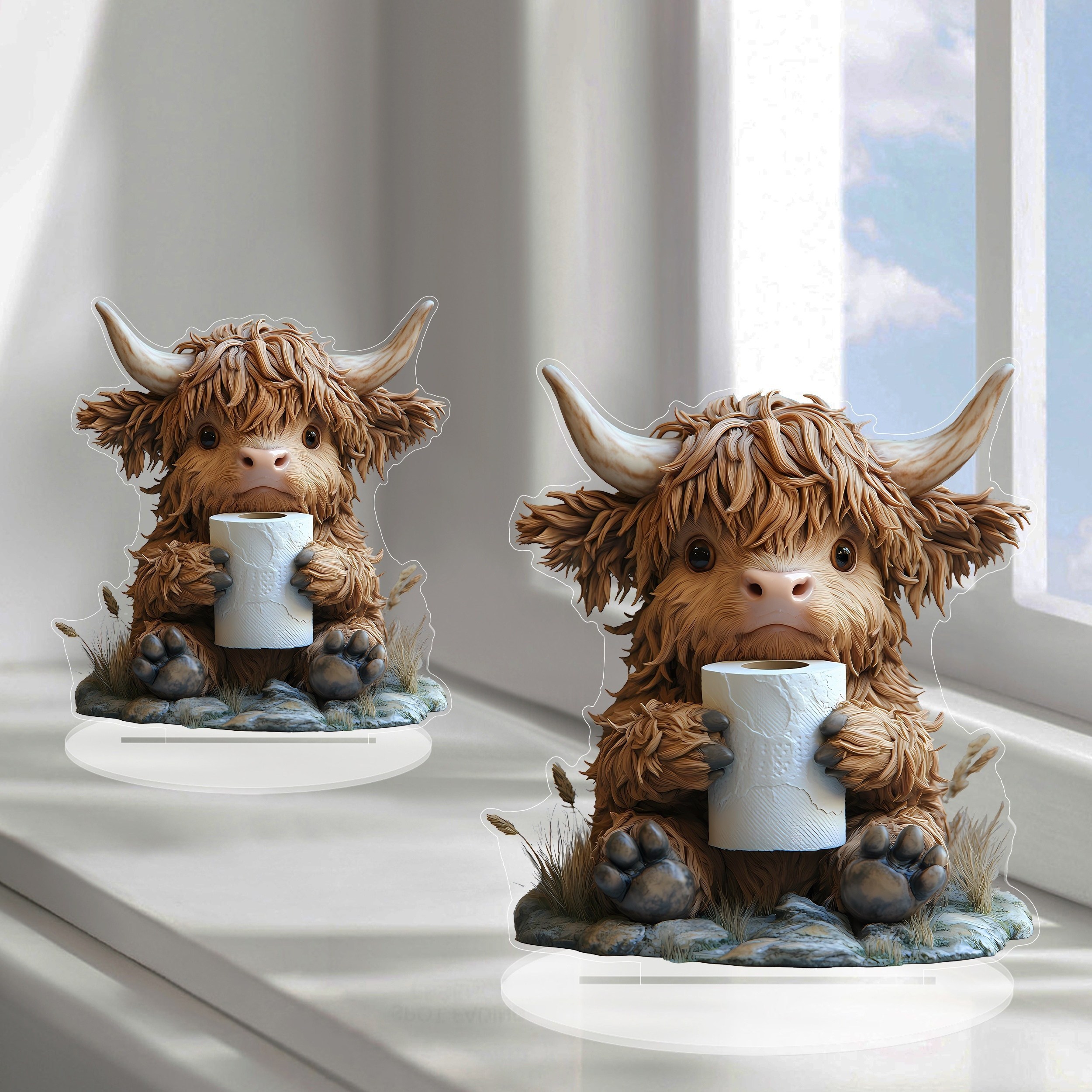 

A 2d Bohemian Style Acrylic Highland Cow And Toilet Paper Decoration Set - Home And Office Display, Suitable For Christmas, Easter, Hanukkah, Thanksgiving, 's Day