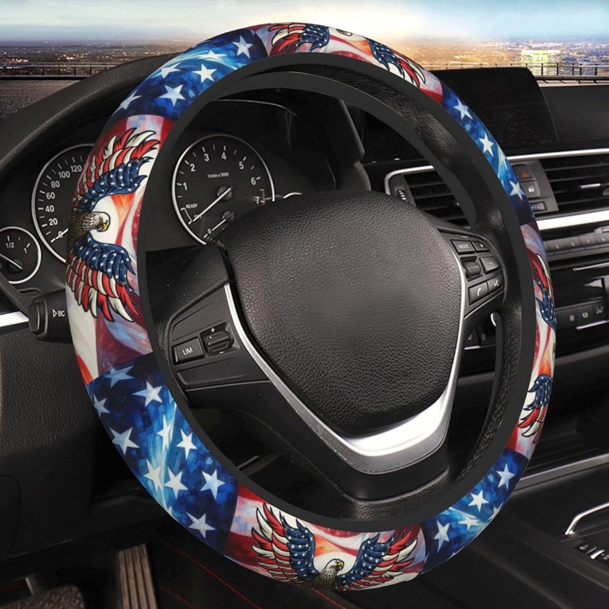 TEMU American Flag Neoprene Steering Wheel Cover Anti- Slip Elastic Eagle Pattern Steering Wheel Protector 15in Accessories Fit Cars, Suvs, Auto