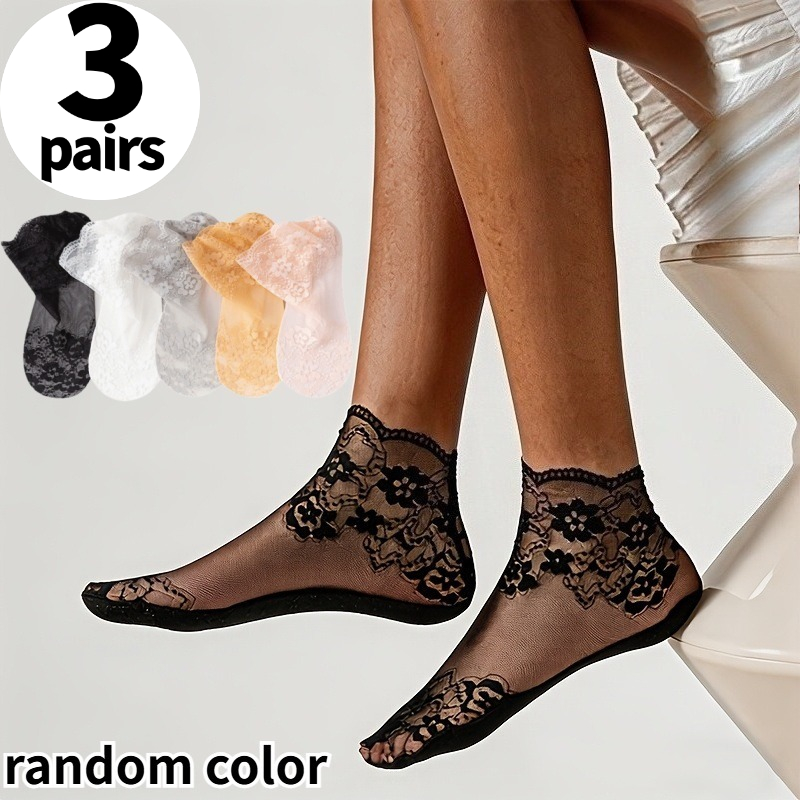 Image of 3 Pairs - Women's Mid-calf Socks, Vintage Lace Trim , Random Color Mid-calf Stockings, Spring/summer Thin Breathable Comfortable Moisture-wicking Socks