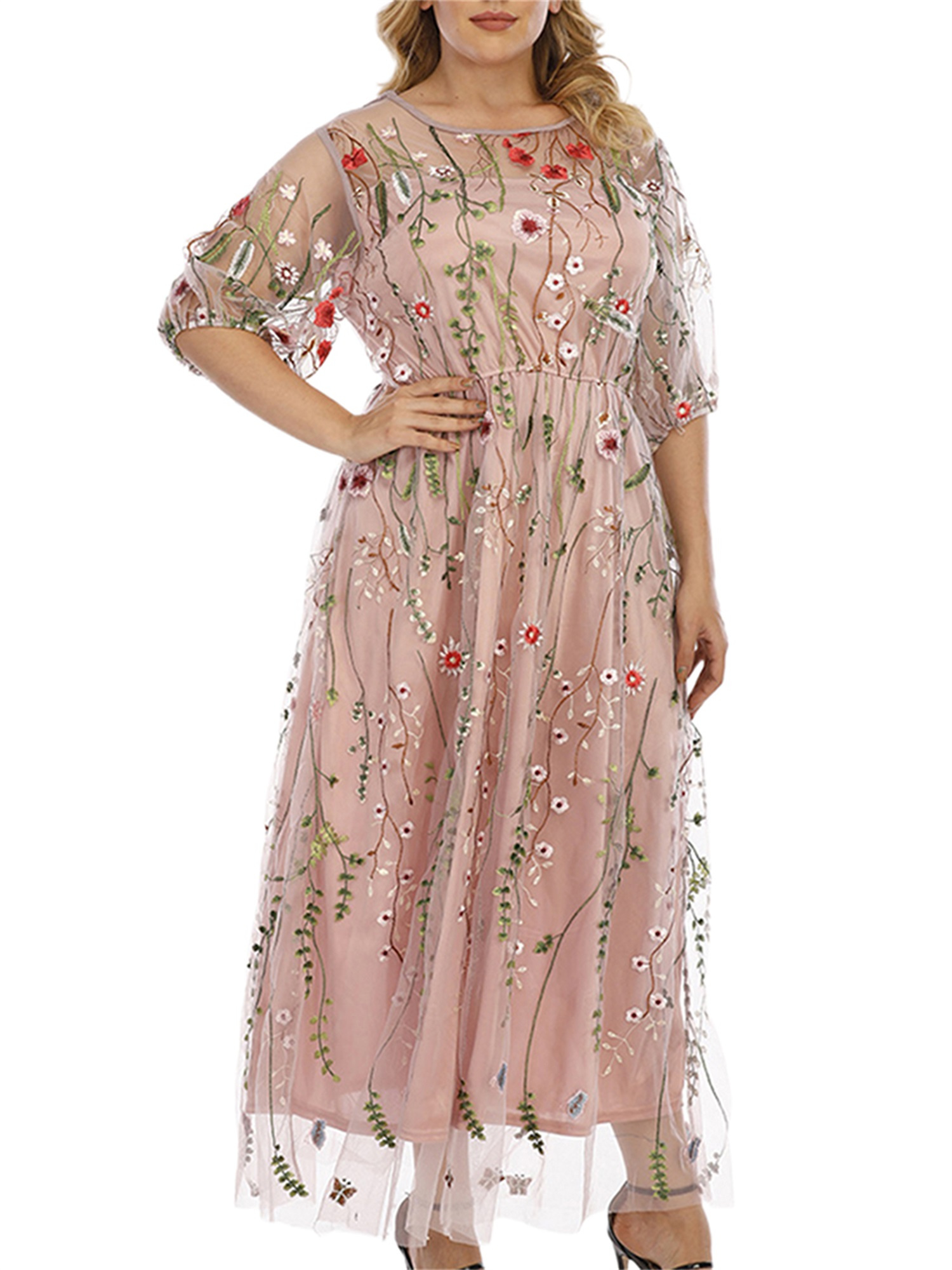 Women's Plus Size Floral Embroidered Mesh Midi Dress Half Sleeve, Crew  Neck, Flowy Beach Party Dress with Tulle Overlay, Spring/Summer/Fall Wear,  Be