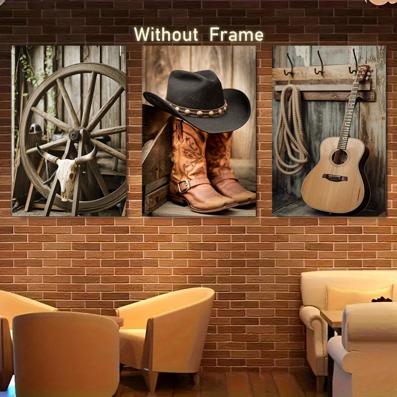 

Set Of 3 Vintage Canvas Wall Art Prints, Cowboy Hat & Boots, Canvas Murals, Living Room, Bedroom, Bathroom, Office Wall Decor