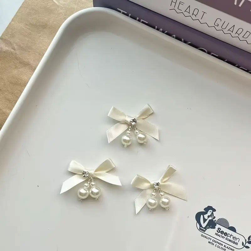 Image of 10pcs Hand-sewn Pearl Bows , Fresh Satin Ribbon Bows For Creative Clothing, Shoes, And Hats Decoration