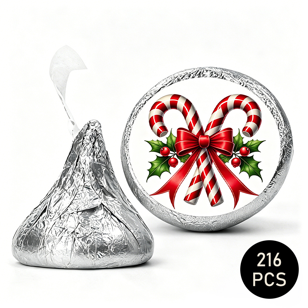 TEMU 216pcs Merry Christmas Round Stickers, 2 Candy Canes With Red Bow, Holly & Berries On White + Vintage Painted, Ideal For Greeting Cards,