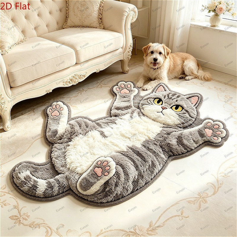 TEMU Velvet 900g And 9mm 2d Flat Creative Lying Cat Shape Entrance Door Mat Simulation American Short Hair Cat Irregular Bedroom Decoration Plush
