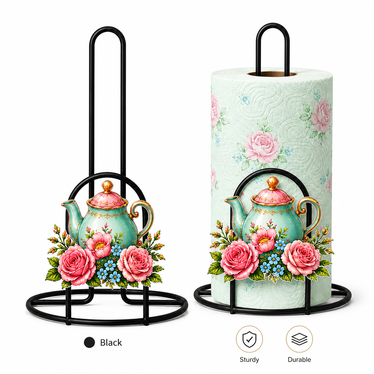 TEMU 1pc Minimalist Iron Kitchen Paper Towel Holder Teapot Floral Pattern Decorative For Home Kitchen Countertop Storage Stable Elegant Universal