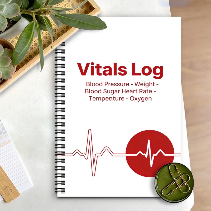 1pc Vitals Log Notebook | Daily Recording And Tracking Of Blood Pressure, Weight, Blood Sugar, Heart Rate, Temperature, Oxygen - Compact Health Journal For Diabetes Monitoring At Home With Glucose Meter Testing Tracking