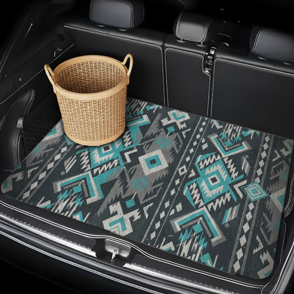 TEMU 1pc, Waterproof Trunk Mat, Car Cargo Liner, Universal Fit For Sedan And Suv, Geometric Tribal Pattern In Teal And Gray, Heavy Duty Rubber