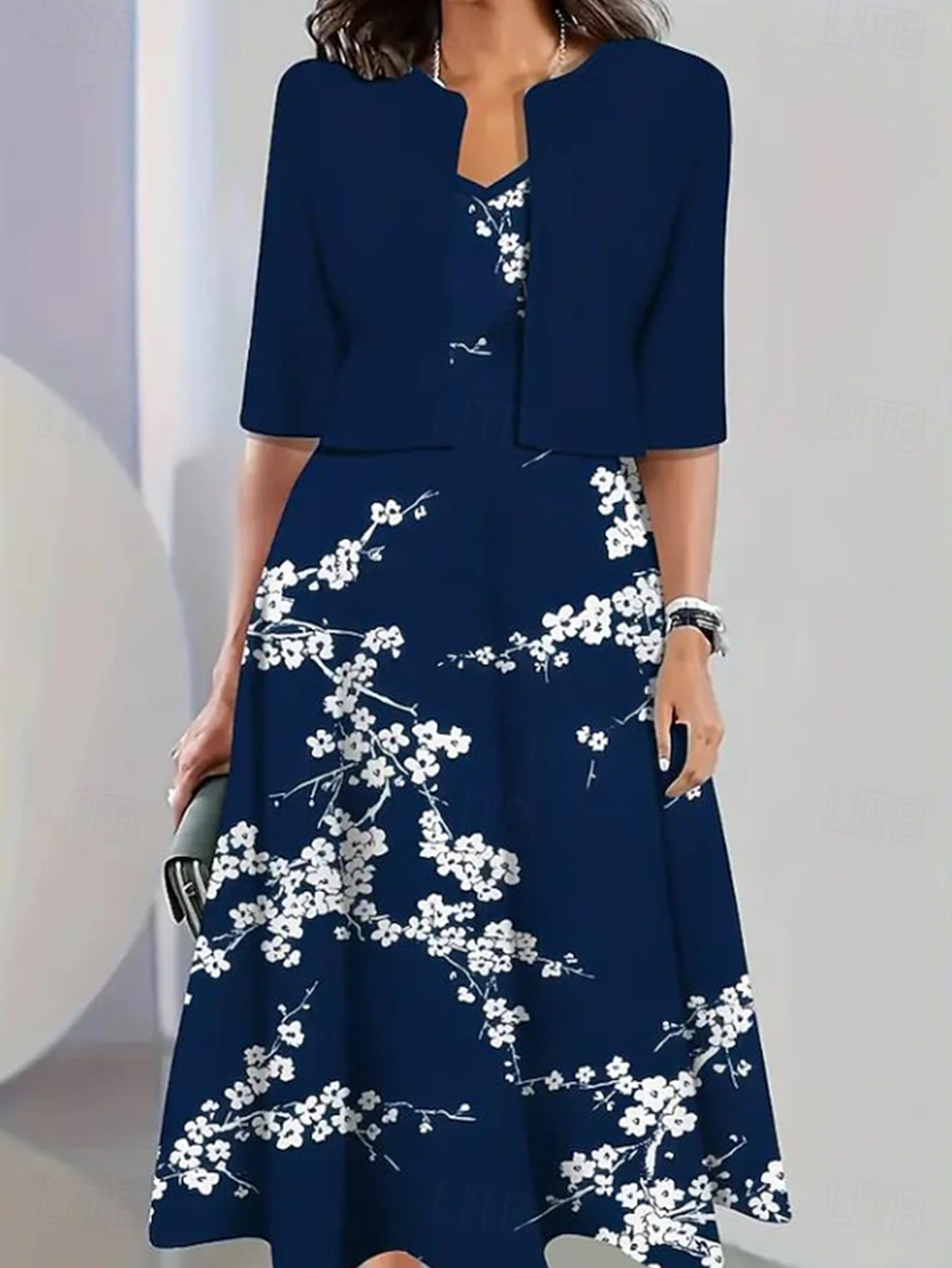 evening short jackets for dresses Dark Blue Office Set (Short Jacket and Fitted Squareneck Sleeveless Dr –  BGL