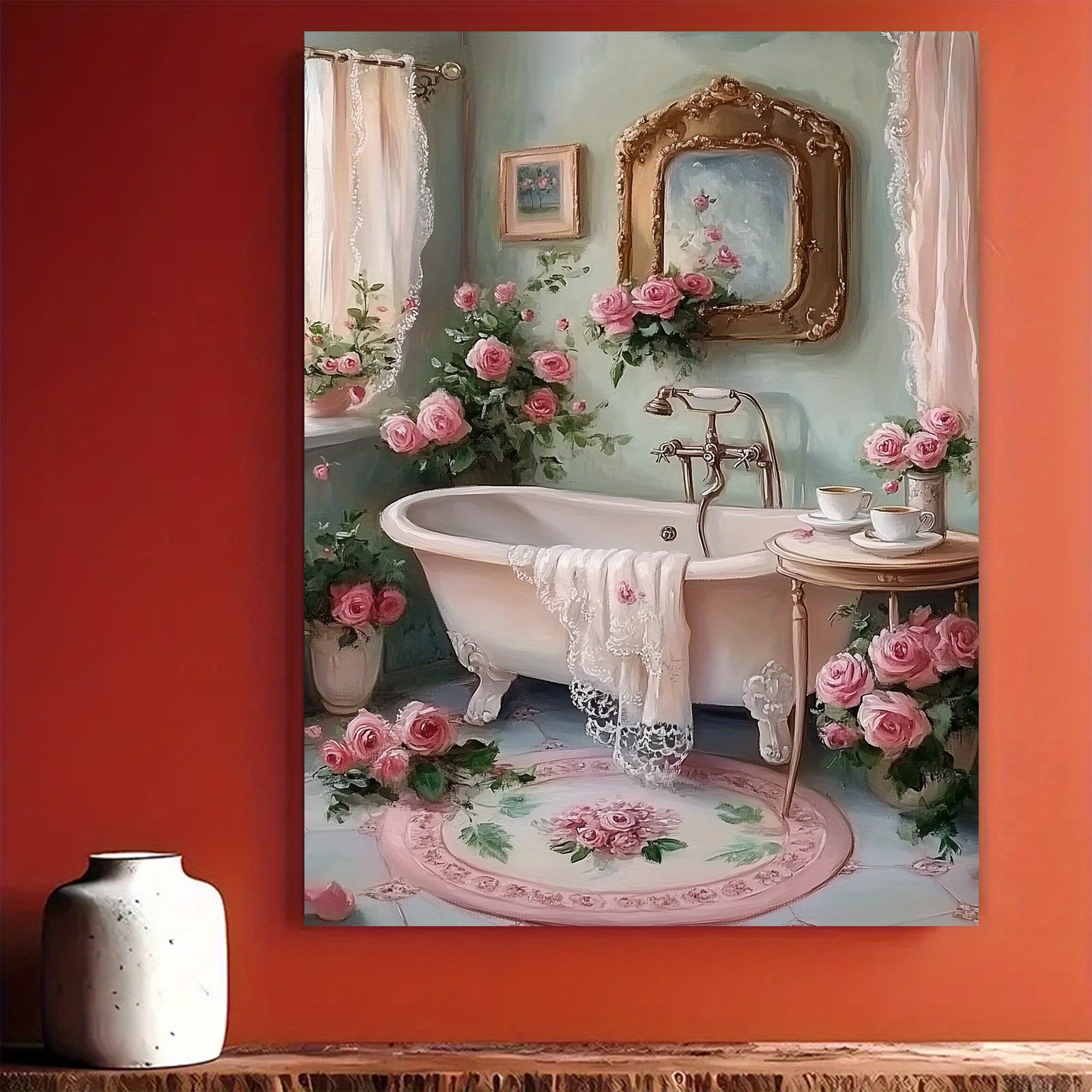 TEMU Pintura en enmarcada 2D , 1 pieza: Baño de rosas románticas, de y - Ideal para decorar baños o de relajación