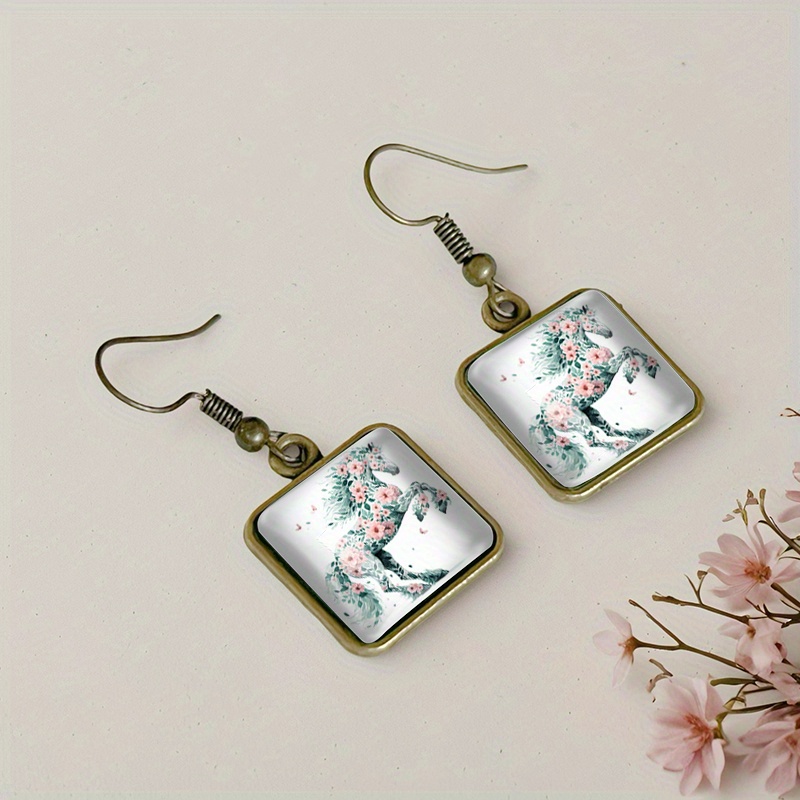Vintage Glass Drop Earrings with Floral Designs