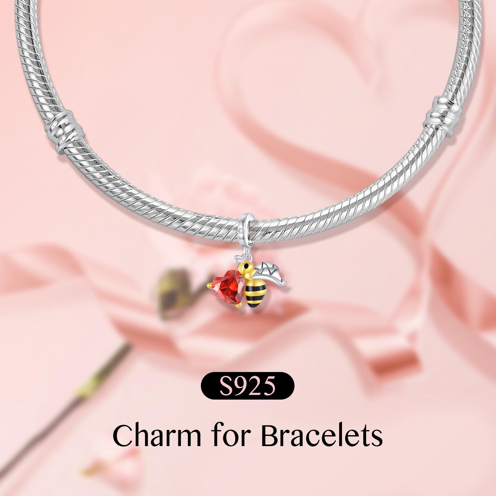 Women's S925 Sterling Silver Enamel Bee Red Heart Charm, DIY