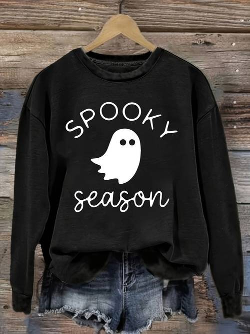 spooky season ghost print womens sweatshirt casual crew neck long sleeve pullover soft loose fit graphic for halloween party holiday gift for her