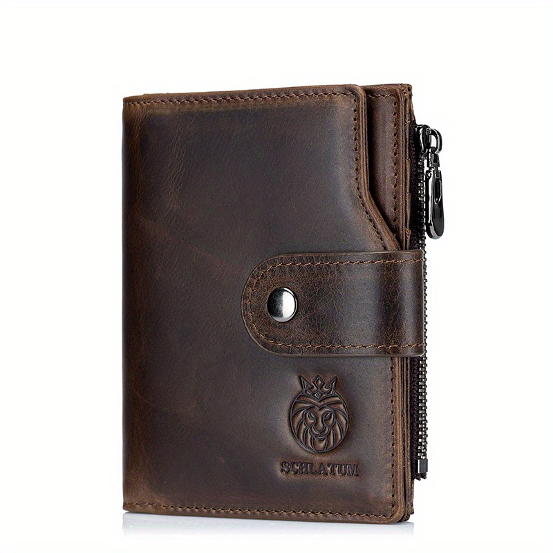 Image of 1pc Schlatum Genuine Genuine Leather Rfid-blocking Business Wallet - Anti-theft Snap Closure, Zippered Coin Pocket & Multi-compartment Organizer For , Travel, Work, Everyday Use