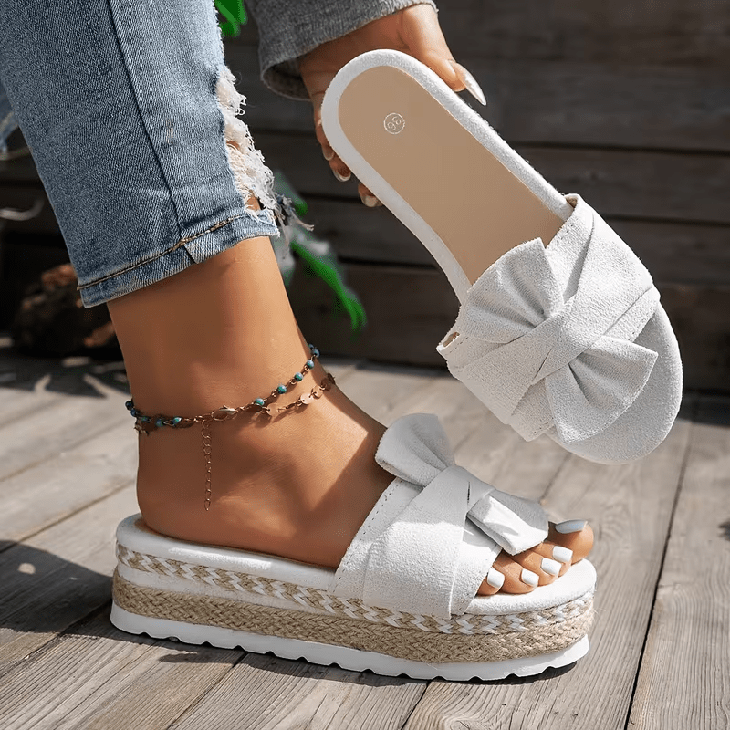 Summer New Style Wedge Heel Bowtie Cool Slippers For Women, Beach Thick-soled Hemp Rope Slippers In Large Sizes., Women Shoes