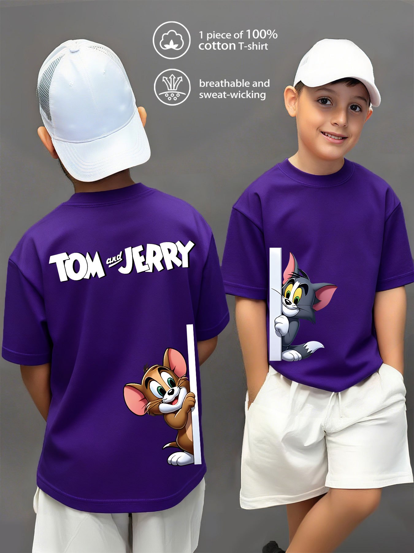 100% Pure Knitted Short-Sleeve T-Shirt, Breathable And Sweat-Absorbing, a Casual And Versatile Round-Neck Short-Sleeve Top for Boys, Featuring a Cute TOM And JERRY Cartoon Print, Machine Washable - Available in 10 Options, Sweat-Resistant
