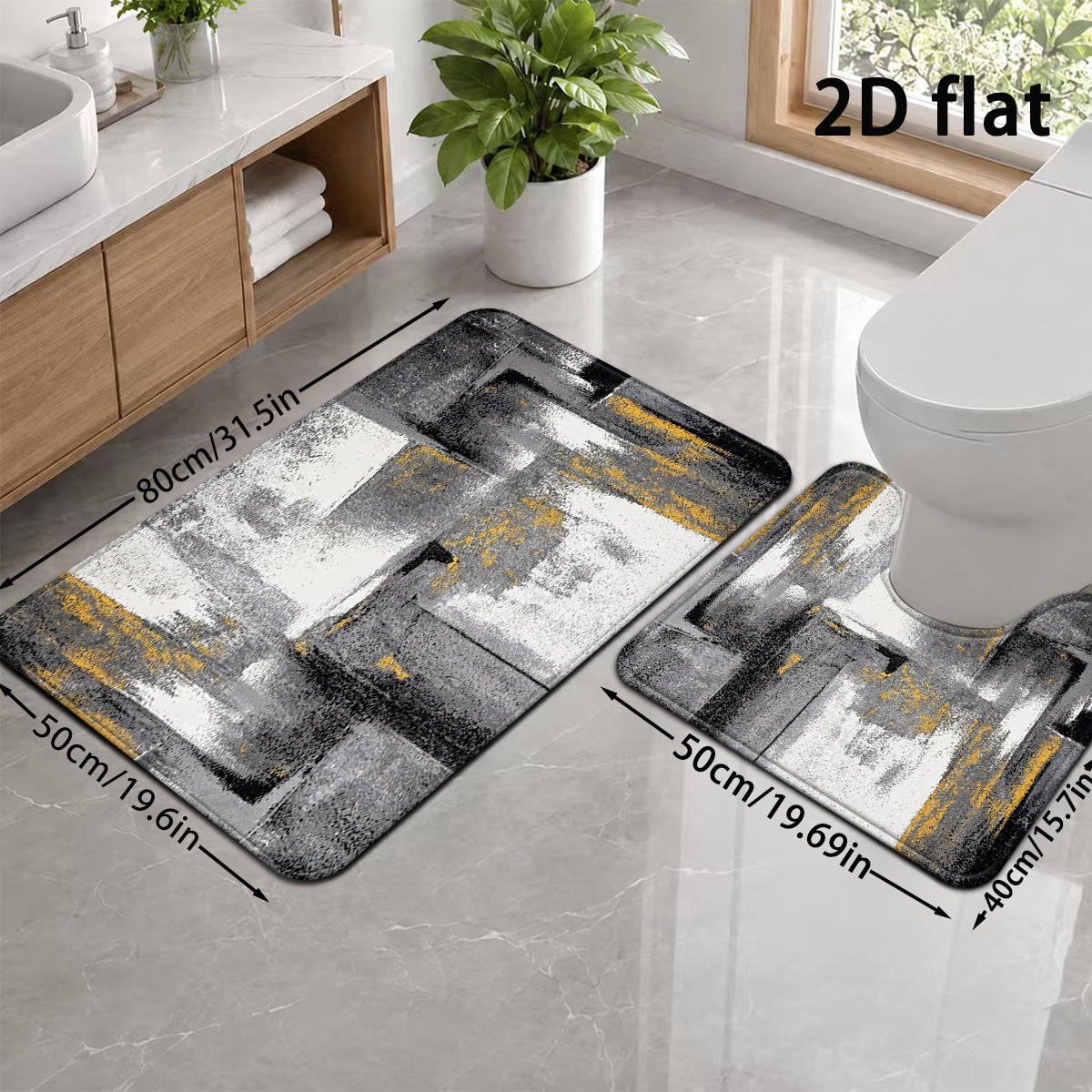 TEMU 2d Flat, 2d Flat, [2d Flat] 2pcs Abstract Gray Black Golden Geometric Pattern Bath Mat Set Modern Easy Nordic Style Floor Mat Soft Thick