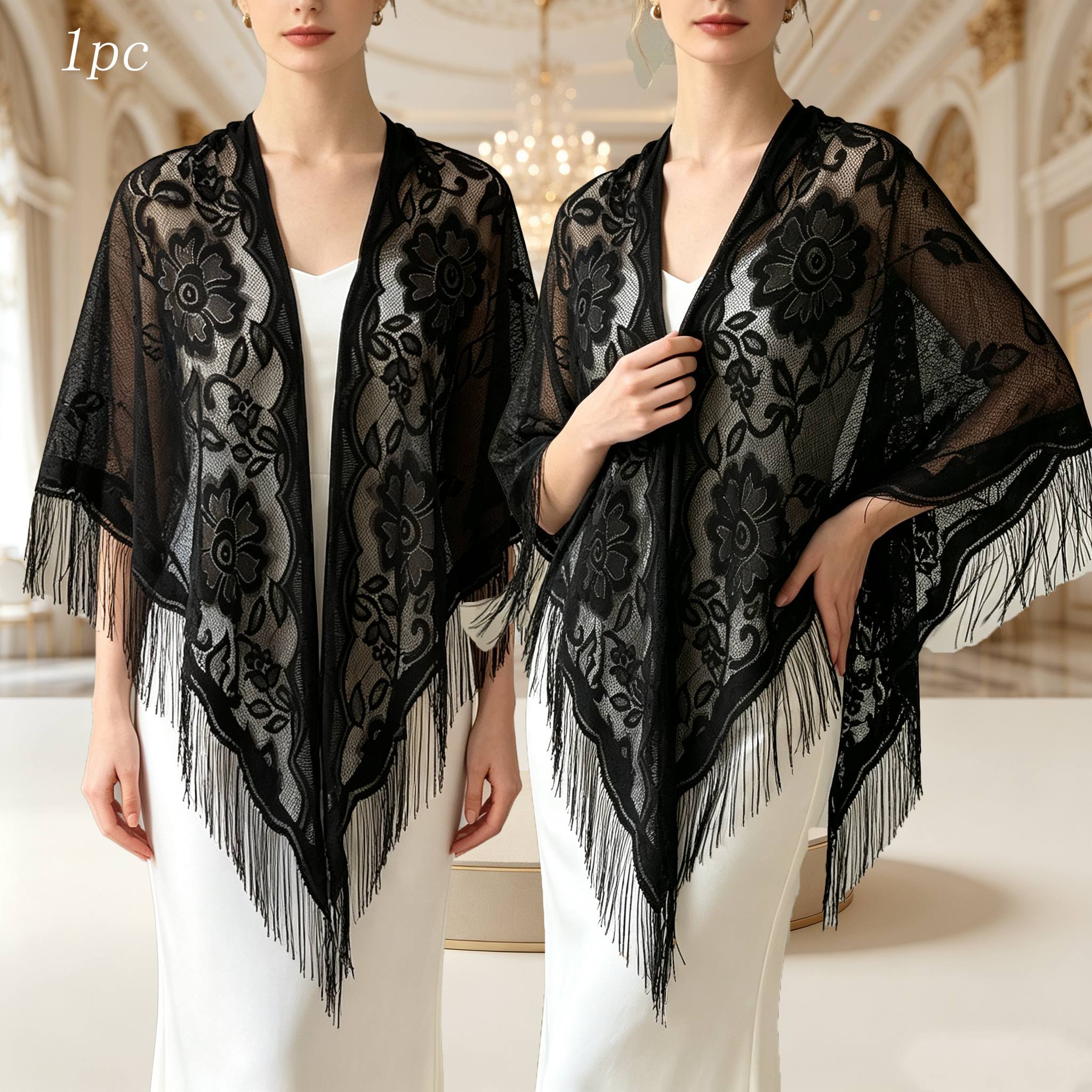 TEMU Women's Retro Elegant Hollow Lace Tassel Scarf, Breathable Lightweight Comfortable Shawl For Daily Casual And