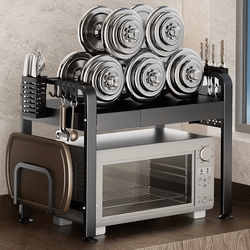 TEMU 1pc Retractable Microwave Oven Rack, Carbon Steel And Metal Kitchen Countertop Storage Rack For Electric Pot, Oven, Toaster, Kitchen Spice, Gray