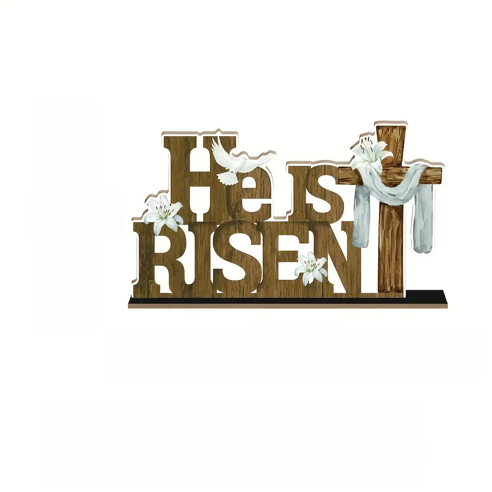 Image of 1pc Of Wooden Cross Tabletop Decoration - Rustic Easter Sign With Floral Accents, Suitable For Home, Living Room, Café, Or Party Decor. A Versatile Product For Holiday Occasions