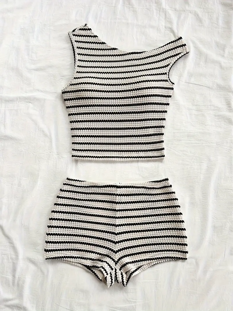 2pcs set womens off shoulder vest shorts striped pajama set Product details 0