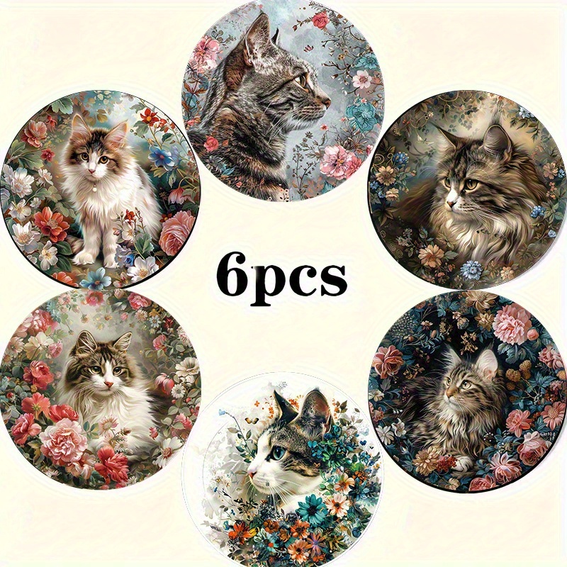 TEMU 6 Cute Cats Design Wooden Temperature Keeping Pad, Coasters, Suitable Cups, Coffee Cups, Snacks, Home, Coffee Shop, Cup And Saucer Mats