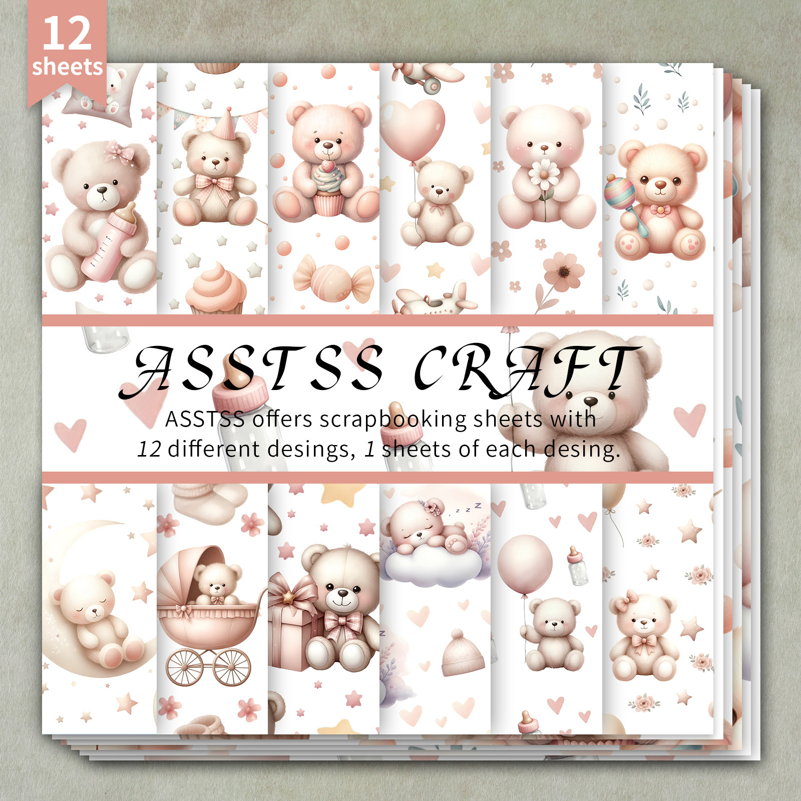 TEMU 12-sheet Asstss Heavyweight Scrapbooking Paper Pad Suitable For Journaling, Collage Art & Crafts - 6"x6" Cardstock With Cute Bear Baby Floral
