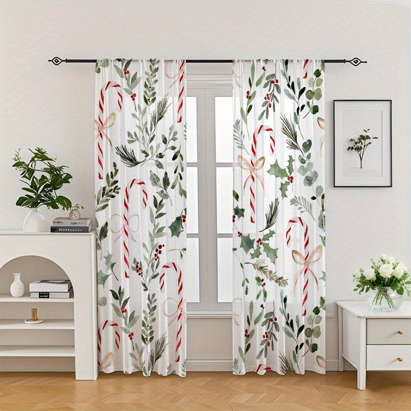 2-pack Watercolor Candy Canes, Green Leaf Berry Pattern Print, Semi-transparent Tulle Curtains, Decorative Tulle…: retailer-supplied image