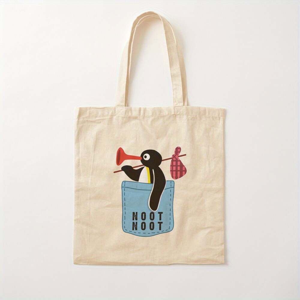 TEMU Whimsical Penguin "noot Noot" Canvas Tote Bag - Lightweight, Durable Polyester With Fixed Shoulder Straps, Ideal For Daily Use & Holiday Gifts,