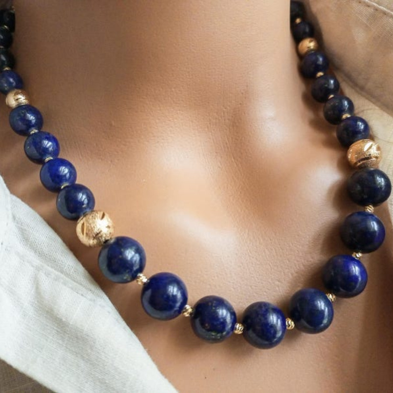 TEMU Sleek Women's Necklace With Beads Made From Exquisite Dark Blue Natural Stone